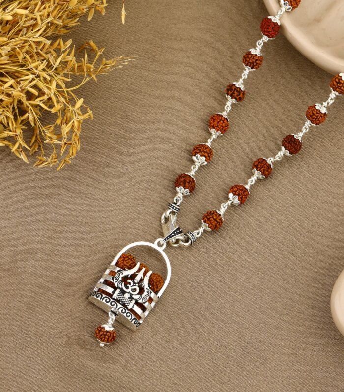 Rudraksha Trishul and Shivling Dome Silver Pendant