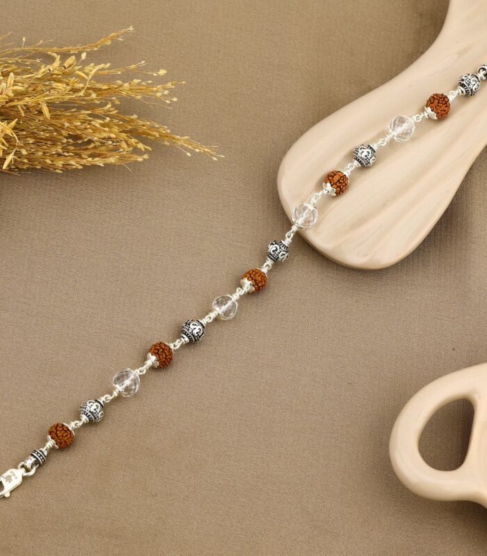Rudraksha with Diamond Cut Sphatik and Om Silver Beads Bracelet