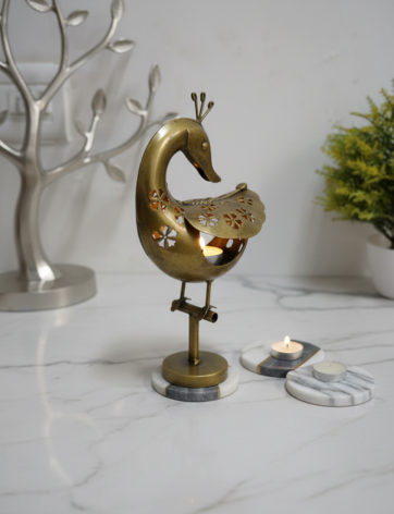 Antique Brass Peacock Tealight Candle Holder with Marble Base
