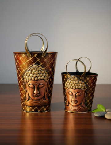 Antique Buddha Face Metal Decorative Bucket Planter Set
