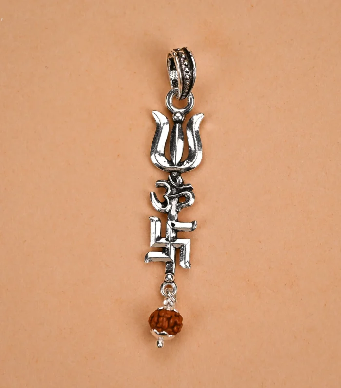 Trishul with Om and Swastik Silver Pendant